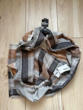 Sonoma Plaid Blanket Scarf Neutral Tan Gray Fringe Oversized Wrap NEW